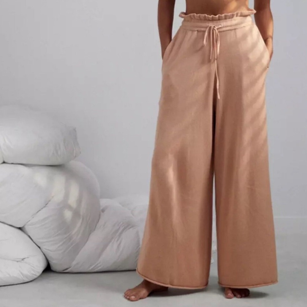 Lunya Cozy Cotton Silk Wide Leg Lounge Pants – Tan – Size XS